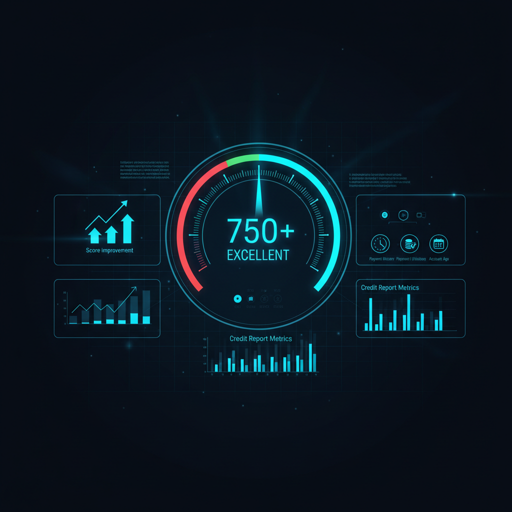 Credit score dashboard showing excellent 750+ score with improvement metrics
