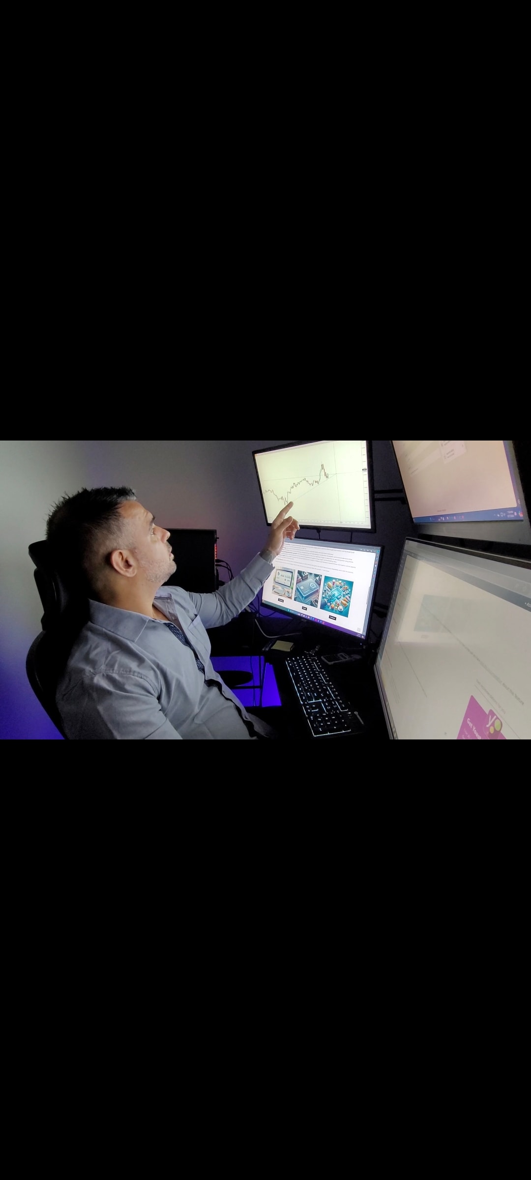 YourNexts founder analyzing live trading charts across multiple monitors